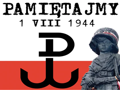 Grafika „Pamiętajmy 1 VIII 1944” ze znakiem Polski Walczącej i pomnikiem Małego Powstańca
