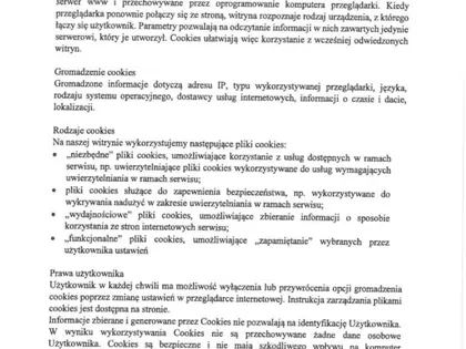 Skan dokumentu z klauzulą informacyjną o plikach cookies
