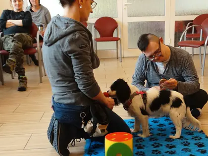 Mieszkaniec bawi się z małym psem na niebieskiej macie, obok przewodniczka