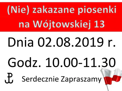 Zaproszenie „(Nie)zakazane piosenki na Wójtowskiej 13”, 2 sierpnia 2019, godz. 10.00–11.30