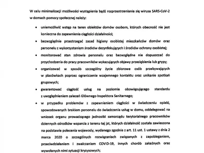 Pierwsza strona instrukcji wojewody mazowieckiego dotyczącej wsparcia osób w domach pomocy społecznej w związku z wirusem SARS-CoV-2
