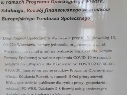 Plakat informacyjny o projekcie Wsparcie dla Mazowsza w ramach Programu Operacyjnego Wiedza Edukacja Rozwój, grant 240 713,10 zł, ze znakami Unii Europejskiej