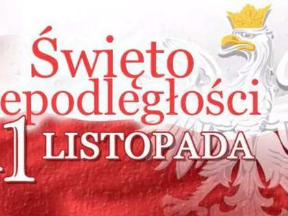 Grafika z napisem Święto Niepodległości 11 listopada i orłem w koronie