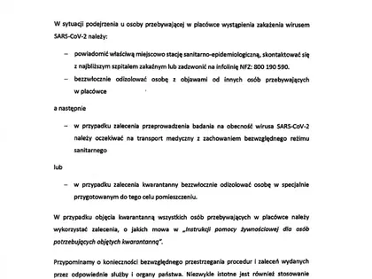 Druga strona instrukcji wojewody mazowieckiego dotyczącej wsparcia osób w domach pomocy społecznej, z podpisem