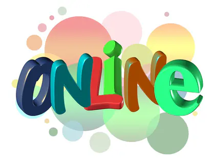Kolorowy trójwymiarowy napis Online na tle pastelowych kół