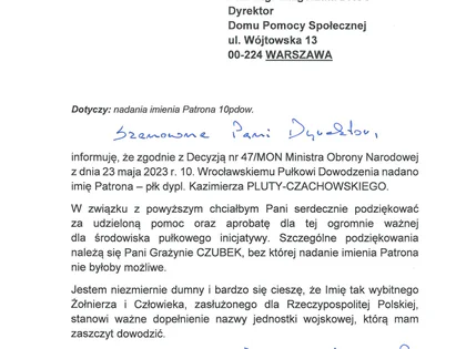 Skan listu dowódcy 10 Wrocławskiego Pułku Dowodzenia z podziękowaniem dla Dyrektor Domu za pomoc w nadaniu jednostce imienia płk. dypl. Kazimierza Pluty-Czachowskiego