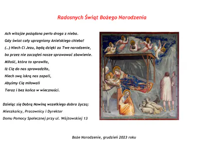 Kartka z życzeniami Radosnych Świąt Bożego Narodzenia z wierszem i freskiem przedstawiającym narodzenie Jezusa