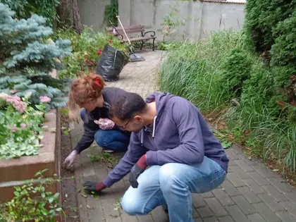 Mężczyzna i kobieta pielą rabatę przy alejce